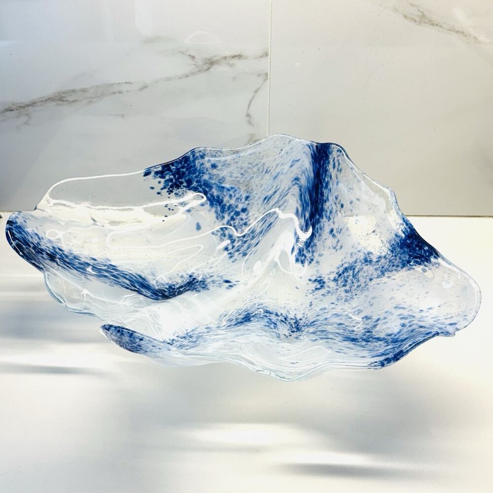 Vintage Hand Blown Glass Seashell Wave Bowl Blue Ocean Large Display 14x16